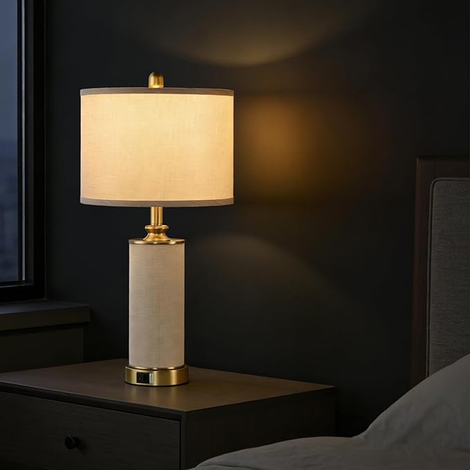 25.5" Boho Weaving Gold Large Table Lamps,Touch Control 3-Way Dimmable Farmhouse Bedside Lamps with USB A+C Charging Ports for Living Room/Bedroom/Office-with Ma Huang(LED Bulbs Included)