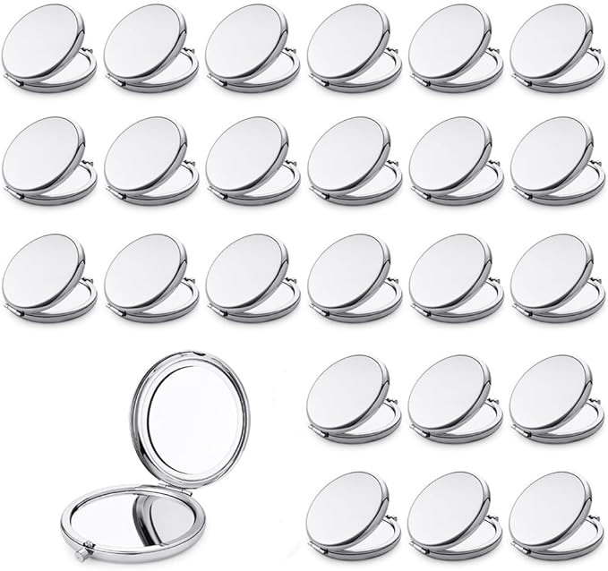 Compact Mirror for Purse, Metal Round Shell, Double-Sided 1X/2X Magnifying, Portable Travel Small Makeup Mirror, Mini Pocket Mirror, Sliver, 24 Pack