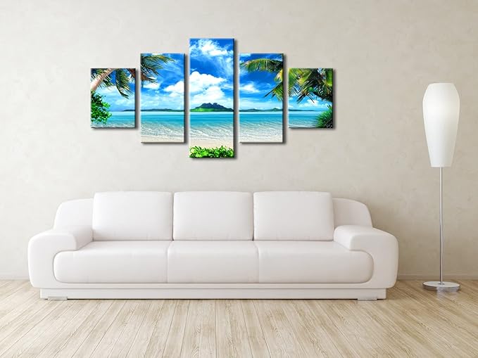 Pyradecor 5 Piece Canvas Prints Wall Art for Living Room Kitchen Home Decorations Large Modern Gallery Wrapped Pretty Landscape Blue Ocean Beach Pictures Paintings Artwork Ready to Hang L
