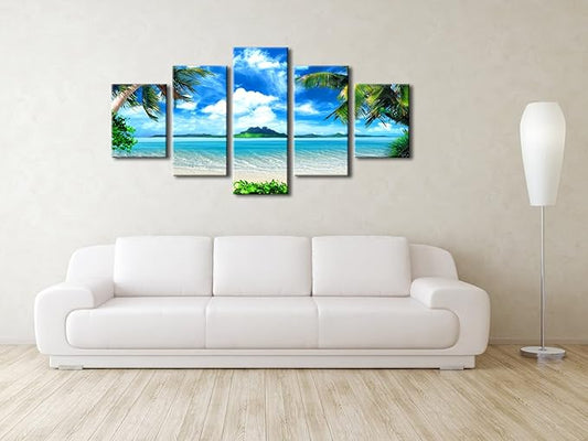 Pyradecor 5 Piece Canvas Prints Wall Art for Living Room Kitchen Home Decorations Large Modern Gallery Wrapped Pretty Landscape Blue Ocean Beach Pictures Paintings Artwork Ready to Hang L