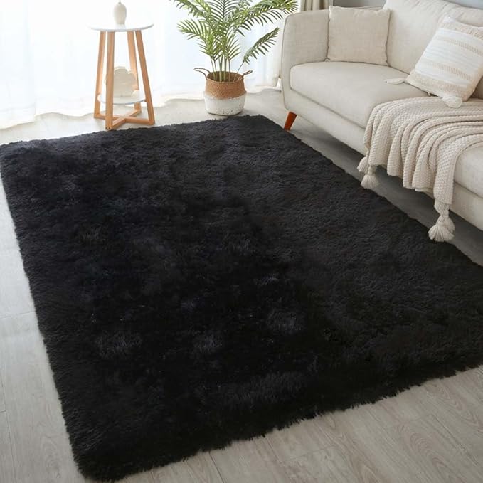 KICHOWUA Area Rug Black Fluffy Shag 5x7 for Bedroom, Ultra Soft Plush Fuzzy Washable Thickened Non-Slip Floor Carpet, Modern Cozy Furry Rug for Living Room Kids Baby Boys Girls Nursery Dorm