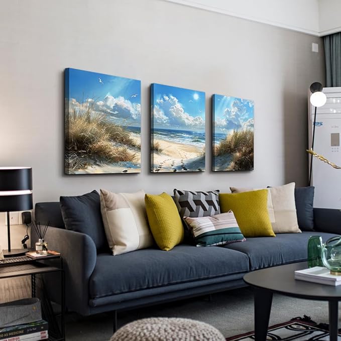 TTHYUEWS Canvas Wall Art For Bedroom & Living Room Modern Decorations Blue Ocean Beach Wall Paintings Sea Wave Wall Pictures Artwork for Office Ready To Hang Home Decor 3 Piece