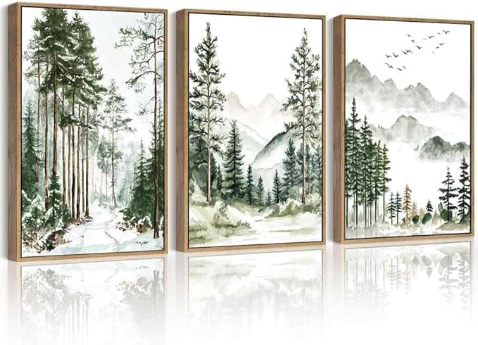 Drsoum Green Tree Forest Mountain Framed Wall Art Nature Landscape Prints Morden Wilderness Artwork Hallway Bedroom Ready to Hang 11x14in Natural Framed