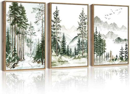 Drsoum Green Tree Forest Mountain Framed Wall Art Nature Landscape Prints Morden Wilderness Artwork Hallway Bedroom Ready to Hang 11x14in Natural Framed