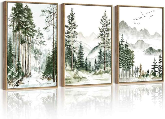 Drsoum Green Tree Forest Mountain Framed Wall Art Nature Landscape Prints Morden Wilderness Artwork Hallway Bedroom Ready to Hang 11x14in Natural Framed