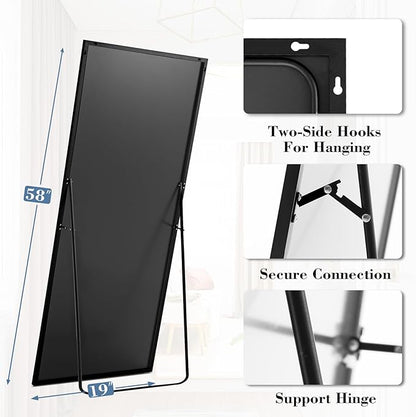 DUMOS 19"x58" Full Length Mirror with Stand, Floor Standing Aluminum Frame, Shatter-Proof Nano Glass for Bedroom, Living Room, Cloakroom – Modern Simple Home Decor,Can Be Hanging or Leaning, Black