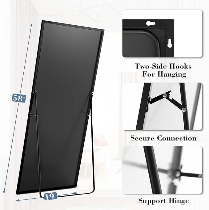 NEWBULIG Mirror Full Length, 58"x19" Body Wall Mirrors with Shatter-Proof Glass, Upgraded Floor Standing Mirror, Hanging or Leaning, with Stand Aluminum Alloy Frame for Home Decor, Bedroom, Black