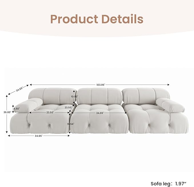 104'' Modular Sectional Sofa, Modern Luxury Velvet Bubble Couch, Deep Seat Cloud Sectional Couches for Living Room, Apartment (3 Seats, Beige)