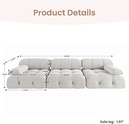 104'' Modular Sectional Sofa, Modern Luxury Velvet Bubble Couch, Deep Seat Cloud Sectional Couches for Living Room, Apartment (3 Seats, Beige)