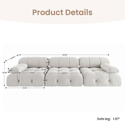 104'' Modular Sectional Sofa, Modern Luxury Velvet Bubble Couch, Deep Seat Cloud Sectional Couches for Living Room, Apartment (3 Seats, Beige)