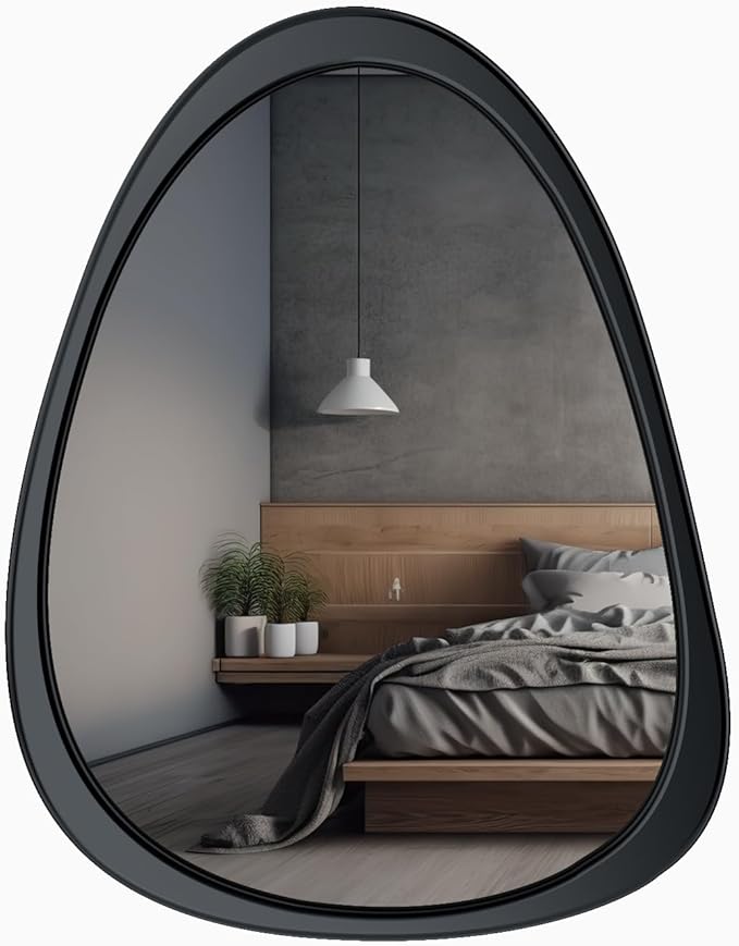 15" X 12" Irregular Wall Mirror, Black Wooden Framed Mirror, Asymmetrical Wall Mirror for Living Room Bedroom Bathroom Entryway, Small Modern Decorative Hanging Hook Style Mirror