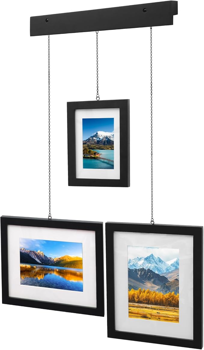 Solid Wood Gallery Wall Frame Set of 3, Black Hanging Picture Frames with Adjustable Chain Display, Fits 5x7 & 8x10 Photos, Acrylic Front, Modern Wall Decor