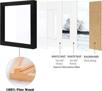Egofine 8x8 Picture Frames 4 PCS - Made of Solid Wood Covered by Plexiglass Display 4x4/6x6 with Mat or 8x8 without Mat, for Table Top Display and Wall Mounting Photo Frame Black