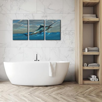 Pacimo Fish Canvas Art Wall Decor Blue Marlin Fish Bursts from Ocean Waters Pictures Prints on Canvas Tropical Animal Paintings 3 Panels Modern Artwork Home Decoration Framed Ready to Hang - 12"x16"x3