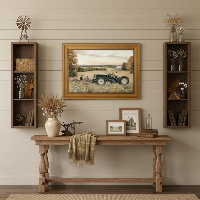 Vintage Gold Framed Canvas Wall Art, Old Tractor Poster Artwork, Country Landscape Print Picture, Farmhouse Aesthetic Painting Wall Decor, for Living Room, Bedroom, Home Decoration, 12x16in