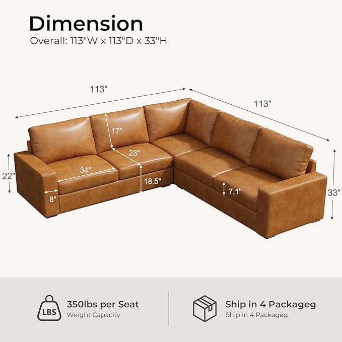 ELUCHANG 113" V-Shaped Modular Sectional Sofa Couch, Modern 5-Seat Premium Faux Leather Deep Seat Sofa with Corner, Removable Cover, Easy Assembly, Large Sofas & Couches for Living Room, Office, Brown