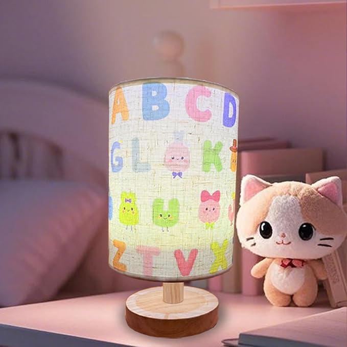 Kids Lamps for Bedrooms Girls, Cartoon Alphabet Table Lamp 3 Color Changing LED Night Light with 9 Brightness Levels Wood Nightstand Desk Base Flaxen Fabric Shade for Bedroom Living Room