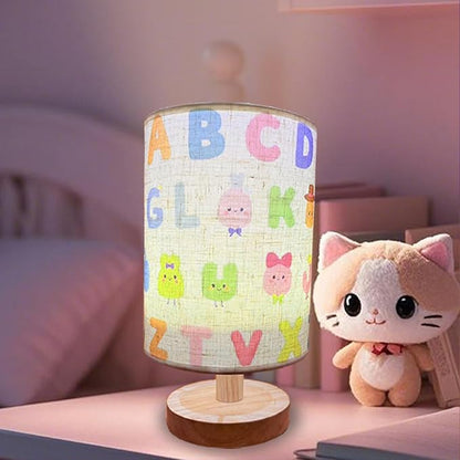 Kids Lamps for Bedrooms Girls, Cartoon Alphabet Table Lamp 3 Color Changing LED Night Light with 9 Brightness Levels Wood Nightstand Desk Base Flaxen Fabric Shade for Bedroom Living Room