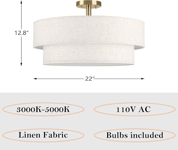 22 Inch LED 28W Adjustable 3000/4000/5000 Gold Double Drum Linen Fabric Shade Semi Flush Mount Close to Ceiling Light Fixture for Bedroom,Living Room,Dining Room Hallway