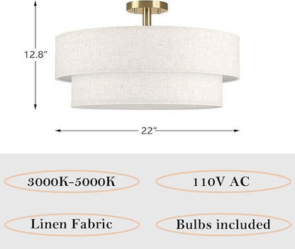 22 Inch LED 28W Adjustable 3000/4000/5000 Gold Double Drum Linen Fabric Shade Semi Flush Mount Close to Ceiling Light Fixture for Bedroom,Living Room,Dining Room Hallway