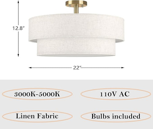 22 Inch LED 28W Adjustable 3000/4000/5000 Gold Double Drum Linen Fabric Shade Semi Flush Mount Close to Ceiling Light Fixture for Bedroom,Living Room,Dining Room Hallway