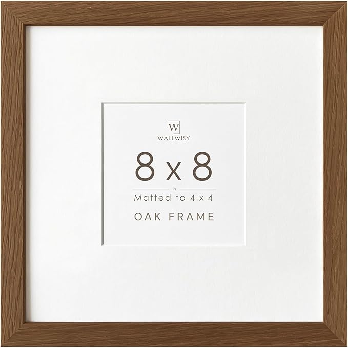 8x8 Picture Frames, Solid Oak Wood 8x8 photo Frame with Mat to 4x4(Openning Size is 3.5x3.5), Natural Oak 8x8 Picture Frames for Wall and Tabletop Display, (Walnut Set of 1)