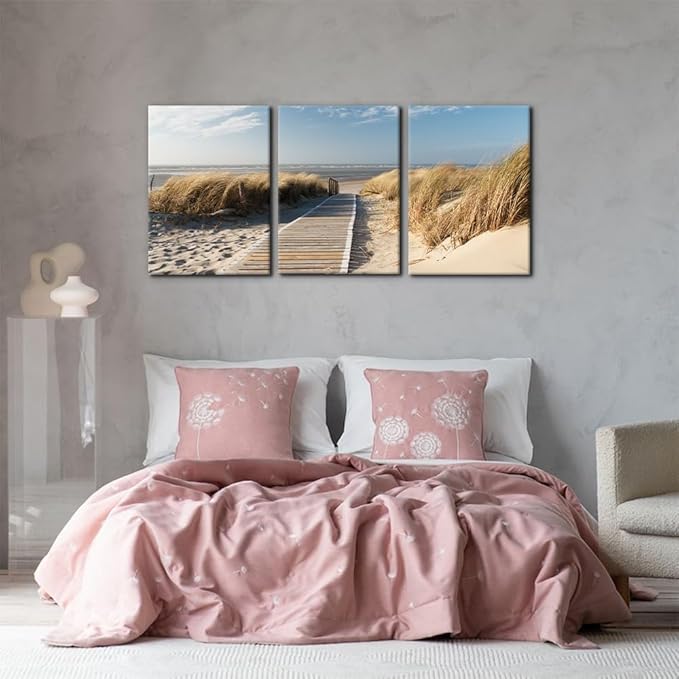 Pacimo Coastal Beach Wall Art - Pathway to Shoreline Painting on Canvas for Home Wall Decor - Oceanside Sea Grass Modern Artwork Prints on Canvas - Framed and Ready to Hang - 20"x28" - 3 Panel