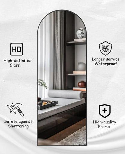 Rowjut 64"x21"Floor Mirror Arched Full Length Mirros, Mirror Floor Length Standing Hanging or Leaning & Large Full Body & Wall Mirror for Bedroom, Living Room, Aluminum Frame, Black