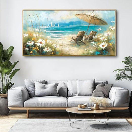 Beach Landscape Wall Art - Framed Modern Canvas Painting for Living Room, Bedroom Home Office Decor, 60x30 Inch Ready to Hang