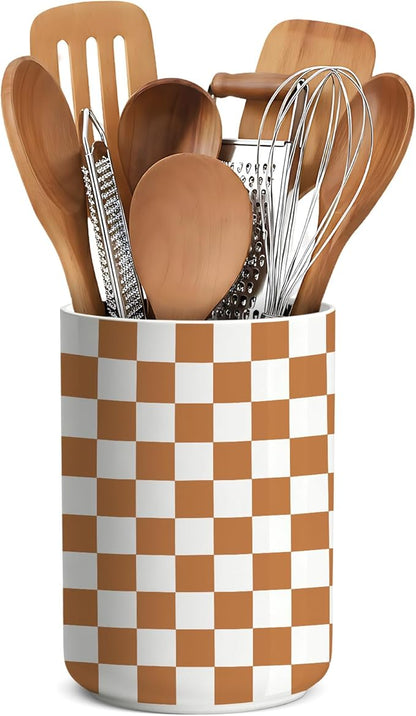 Checkered Utensil Holder,Ceramic Spatula Holder,Countertop Ceramic Utensil Holder,Large Cooking Utensil Crocks for Kitchen Counter Decor,Vase for Kitchen Utensils,H6.3 xD4.7(Brown and white)