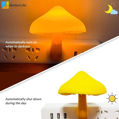 Sensor LED Mushroom Night Lights - 2Pack Plug into Wall Mushroom Lamp, Cute Mini Dream Bed Nightlight for Kids Adults for Home Office, Bedroom, Bathroom Toilet, Stairs, Hallway Corridor, Warm Yellow