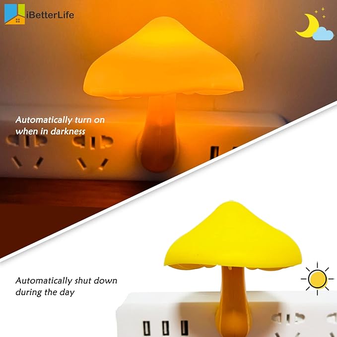 Sensor LED Mushroom Night Lights - 2Pack Plug into Wall Mushroom Lamp, Cute Dream Bed Nightlight for Kids Adults for Home Office, Bedroom, Bathroom Toilet, Stairs Hallway Corridor, Warm White & Yellow