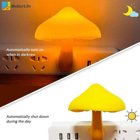 Sensor LED Mushroom Night Lights - 2Pack Plug into Wall Mushroom Lamp, Cute Dream Bed Nightlight for Kids Adults for Home Office, Bedroom, Bathroom Toilet, Stairs Hallway Corridor, Warm White & Yellow