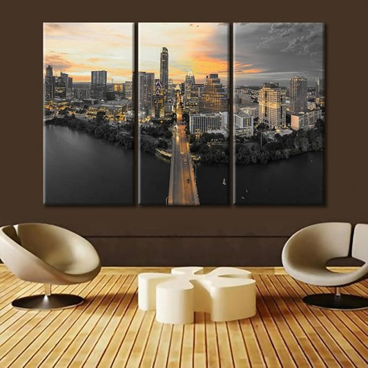 TUMOVO Austin Texas Skyline with Sunset Canvas Wall Art City Skyline Posters and Prints Bathroom Decor Wall Art 3 Panel Print on Canvas Stretched and Framed Ready to Hang (60" Wx40 H)
