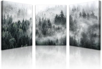 Lapremoly Framed Wall Art Living Room Canvas Wall Decor For Bedroom Office Decoration Foggy Forest Trees Scenery Wall Painting Landscape Wall Art Prints Ready To Hang Home Decor 16" X 24" 3 Piece