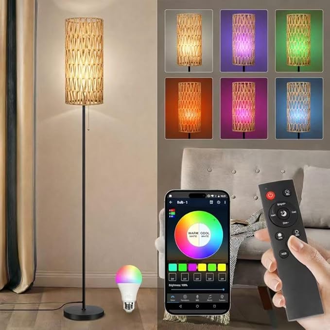 Ruiever Floor Lamp for Living Room,Farmhouse Floor lamp,Modern Standing lamp with Hand-Worked Rattan Shade (Round Rattan Shade with RGB Bulb)