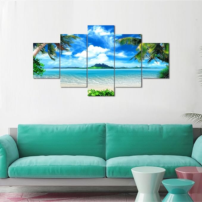 Yatsen Bridge Modern Landscape Beach Ocean Painting on Canvas 5 Piece, HD Print Pictures Wall Art for Living Room Home Decor Wooden Framed Stretched Ready to Hang (60’’W x 32’’H)