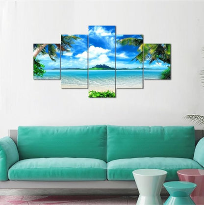 Yatsen Bridge Modern Landscape Beach Ocean Painting on Canvas 5 Piece, HD Print Pictures Wall Art for Living Room Home Decor Wooden Framed Stretched Ready to Hang (60’’W x 32’’H)