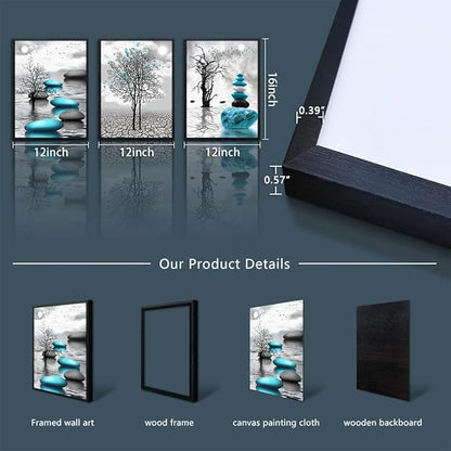 Black Framed Canvas Wall Art for Living Room Wall Decor for Bedroom Bathroom Black and White Paintings Modern 3 Piece Framed Canvas Art Prints Ready to Hang Abstract Blue Pictures Home Decorations
