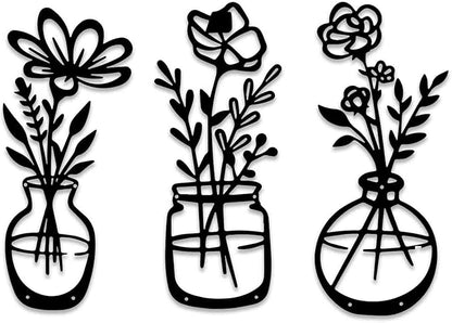 BFORXRO 3 Pieces Metal Flowers Wall Art Decor,Modern Farmhouse Black Wall Decor for New Home Bathroom Kitchen Living Room Bedroom Decoration Vase With Flowers