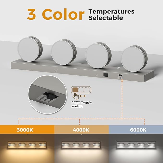 26" Motion Sensor Vanity Light Brushed Nickel, 3CCT 4-Light Modern LED Bathroom Lighting Fixtures Over Mirror, Dimmable Rotatable Head Wall Sconce, 3000K-6000K Color Selectable