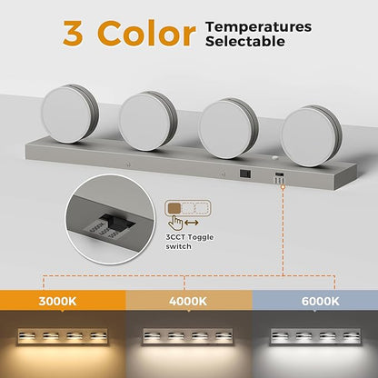 26" Motion Sensor Vanity Light Brushed Nickel, 3CCT 4-Light Modern LED Bathroom Lighting Fixtures Over Mirror, Dimmable Rotatable Head Wall Sconce, 3000K-6000K Color Selectable
