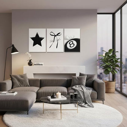 Black and White Wall Art Set of 3, Trendy Star Bow 8 Ball Canvas Wall Decor, Minimalist Aesthetic Wrapped Canvas Prints Ready to Hang for Teen Girl Bedroom Dorm Apartment Room 16x12 or 24x16 Inch