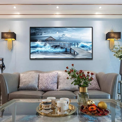 ERQINHUA Wall Decor For Living Room Canvas Wall Art For Bedroom Office Blue Wave Landscape Painting Black Frame Murals Artwork For Modern Stretched and Framed Beach Posters Home Decor 20"X40"