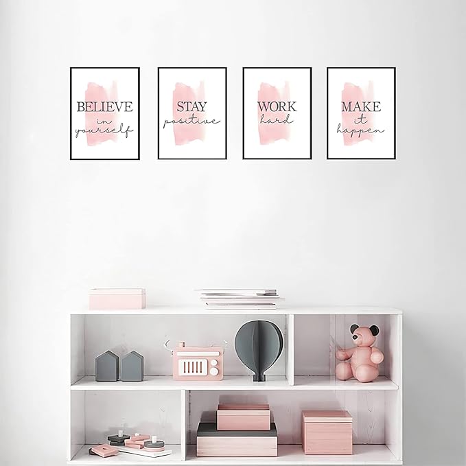 4 pcs Frame Wall Art Stay Positive Make It Happen Motivational Inspirational Quote Pink Canvas Painting Poster Pictures for Teenage Girl Bedroom Decor Office