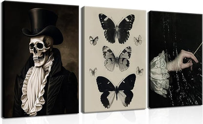 Dark Academia Wall Art, Moody Gothic Canvas Prints Wall Decor Paintings, Victorian Creepy Skull and Moth Posters Pictures Artwork for Bedroom Living Room 16x24 Inch Framed