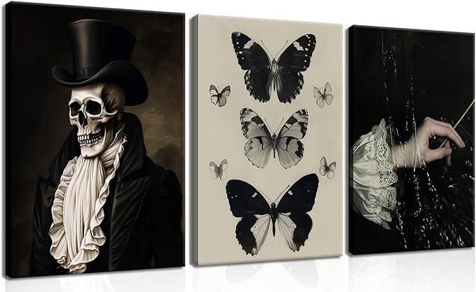 Dark Academia Wall Art, Moody Gothic Canvas Prints Wall Decor Paintings, Victorian Creepy Skull and Moth Posters Pictures Artwork for Bedroom Living Room 12x16 Inch Framed
