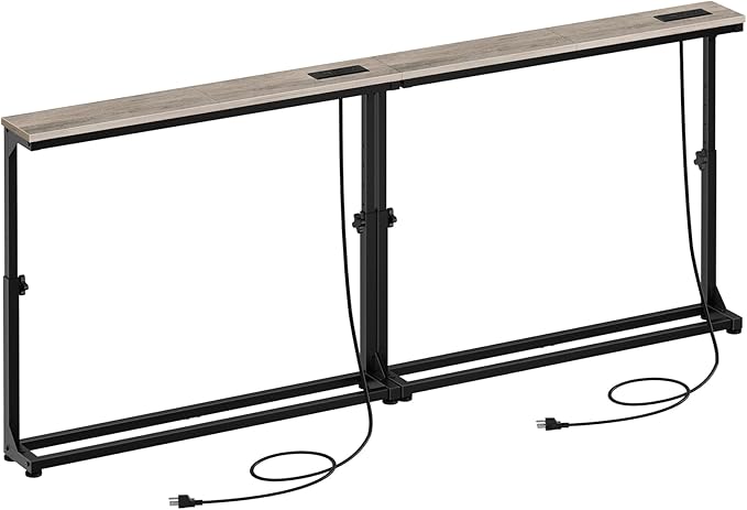 HOOBRO Narrow Console Table Set of 2 with Charging Station, Adjustable Height Sofa Table (25''-32.9''), Slim Behind Couch Table for Small Spaces, Entryway, 78.8" Greige and Black BG95UXGP201
