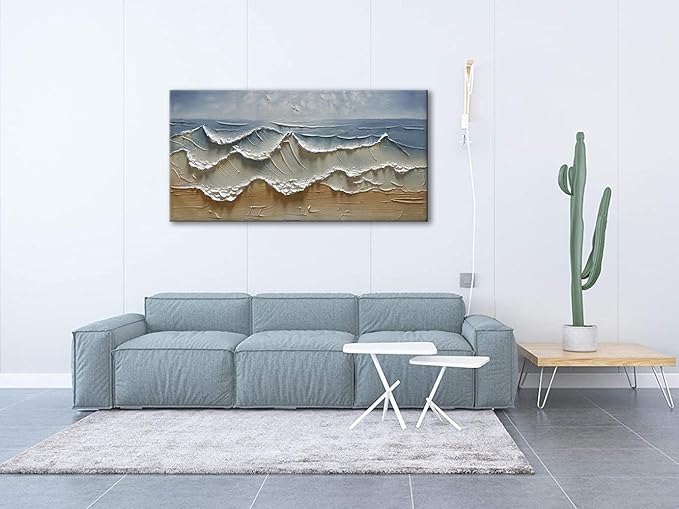 Slyart Abstract Blue Ocean Wave Wall Art, Textured Oil Painting on Canvas Relief Wall Art, 24" x 48" Abstract Modern Sea Artwork Wall, Neutral Wall Decor