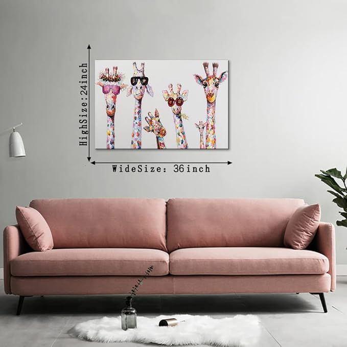 Bansky Graffiti Art Giraffes Family Wear Glasses Canvas Prints and Painting Giclee Art Wall Artwork for Living Room Office Wall Decoration Framed and Streched Ready to Hang - 24x36 inch